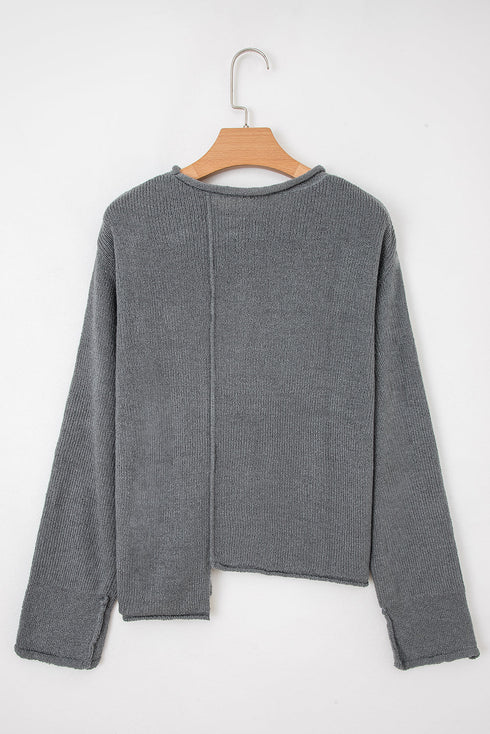 Exposed Seam Ribbed Knit Round Neck Pullover Sweater