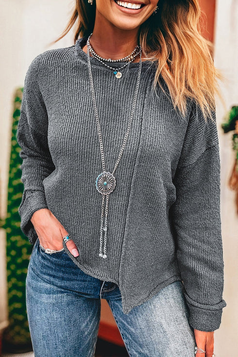 Exposed Seam Ribbed Knit Round Neck Pullover Sweater