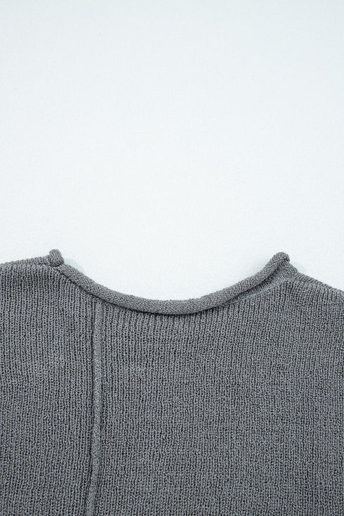 Exposed Seam Ribbed Knit Round Neck Pullover Sweater