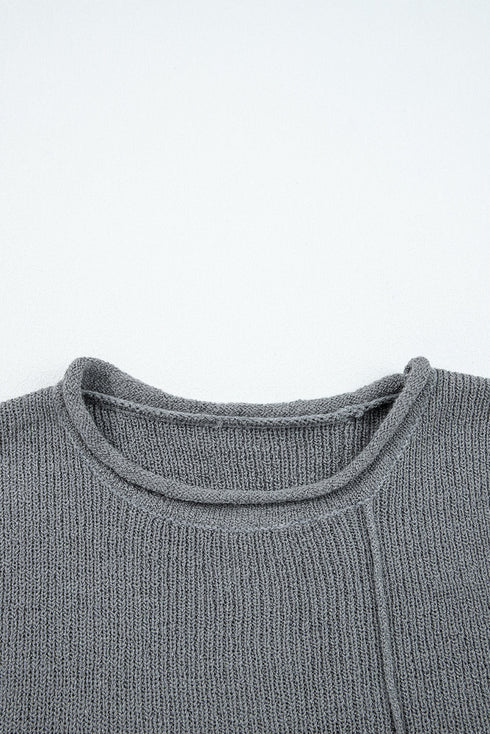 Exposed Seam Ribbed Knit Round Neck Pullover Sweater