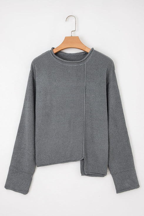 Exposed Seam Ribbed Knit Round Neck Pullover Sweater