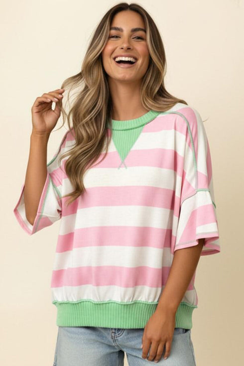 Exposed Seam Ribbed Patchwork Striped Tee