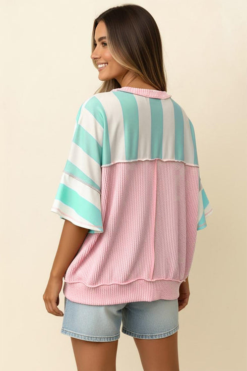 Exposed Seam Ribbed Patchwork Striped Tee