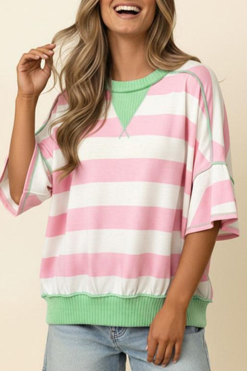Exposed Seam Ribbed Patchwork Striped Tee