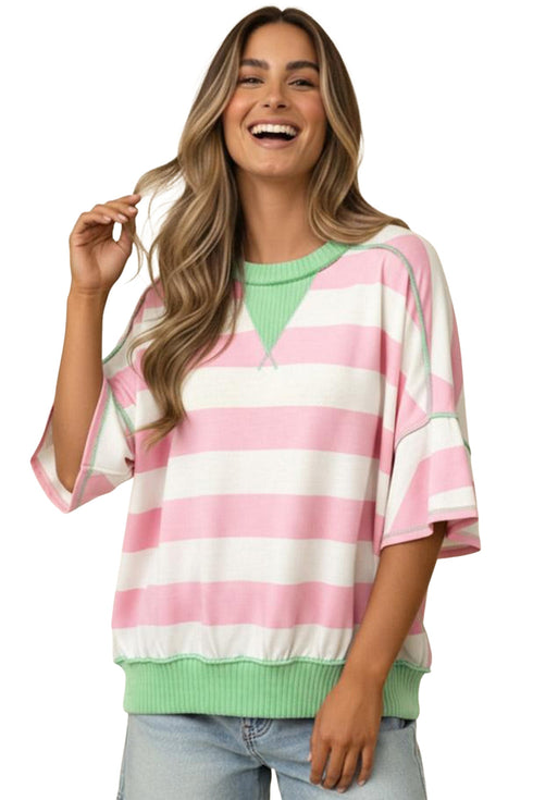 Exposed Seam Ribbed Patchwork Striped Tee