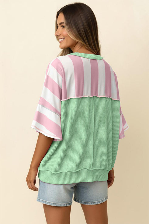 Exposed Seam Ribbed Patchwork Striped Tee