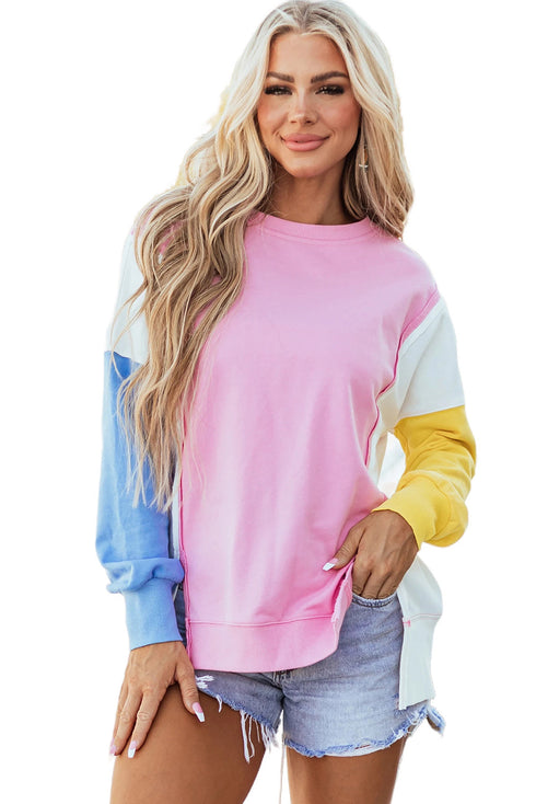 Exposed Seam Side Slit Crew Neck Sweatshirt