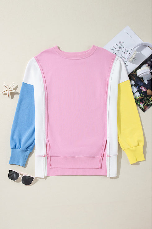 Exposed Seam Side Slit Crew Neck Sweatshirt