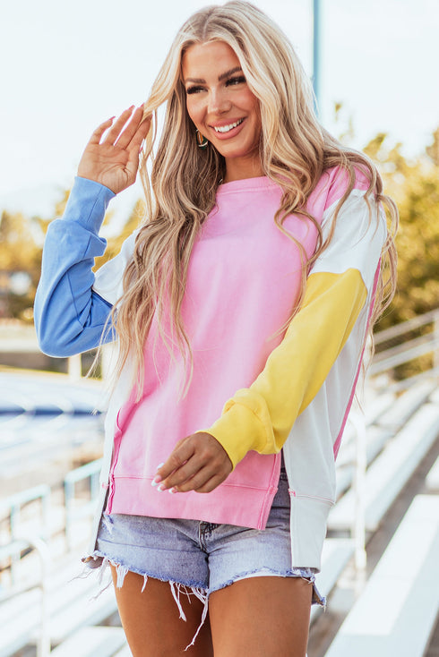 Exposed Seam Side Slit Crew Neck Sweatshirt