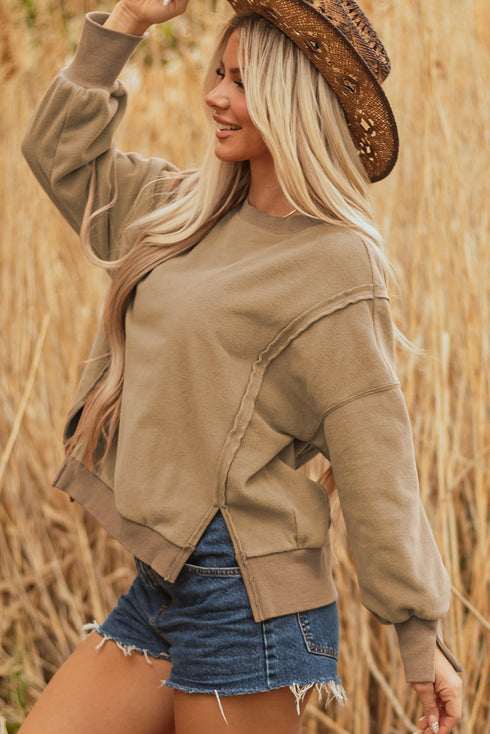 Exposed Seam Split Hem Relaxed Fit Pullover Sweatshirt