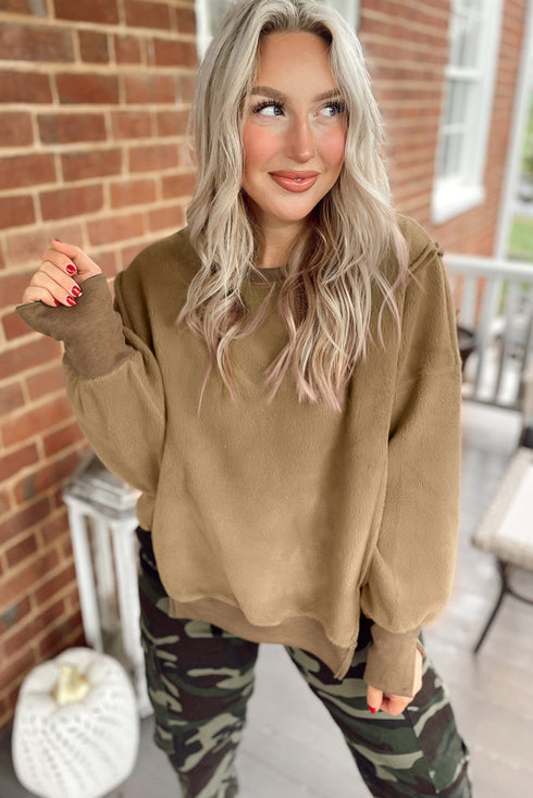 Exposed Seam Split Hem Relaxed Fit Pullover Sweatshirt