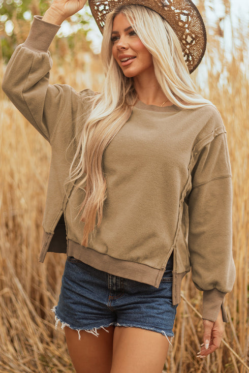 Exposed Seam Split Hem Relaxed Fit Pullover Sweatshirt