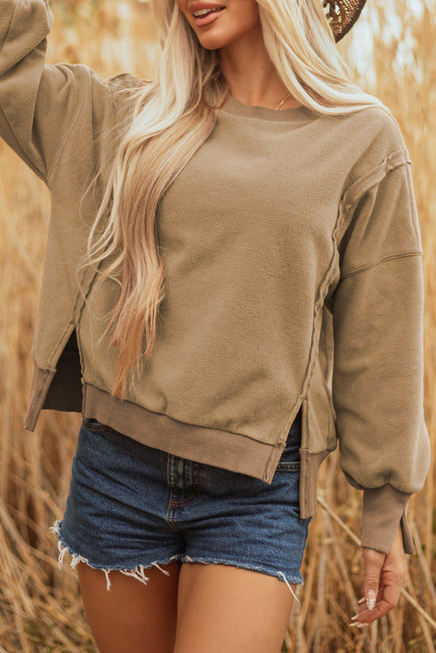 Exposed Seam Split Hem Relaxed Fit Pullover Sweatshirt