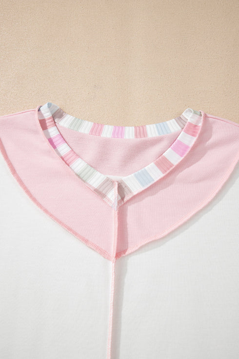 Exposed Seam Striped Panel Relaxed Fit V Neck Top