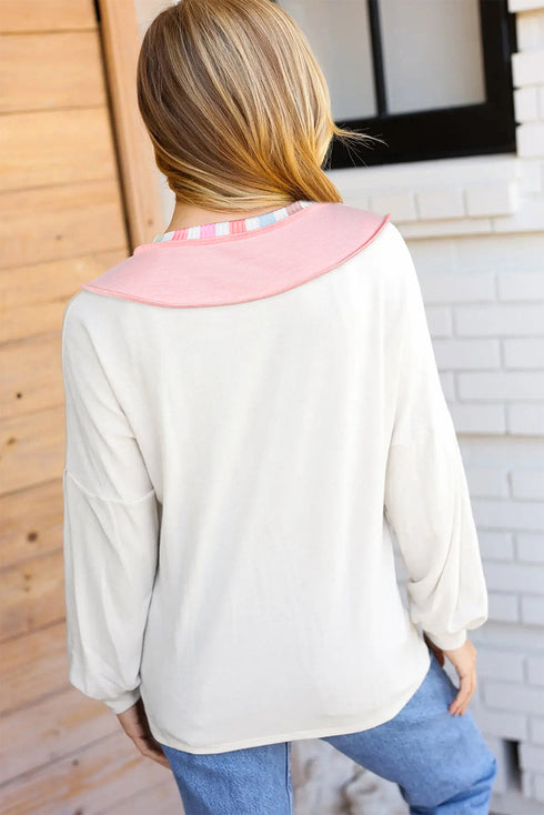 Exposed Seam Striped Panel Relaxed Fit V Neck Top