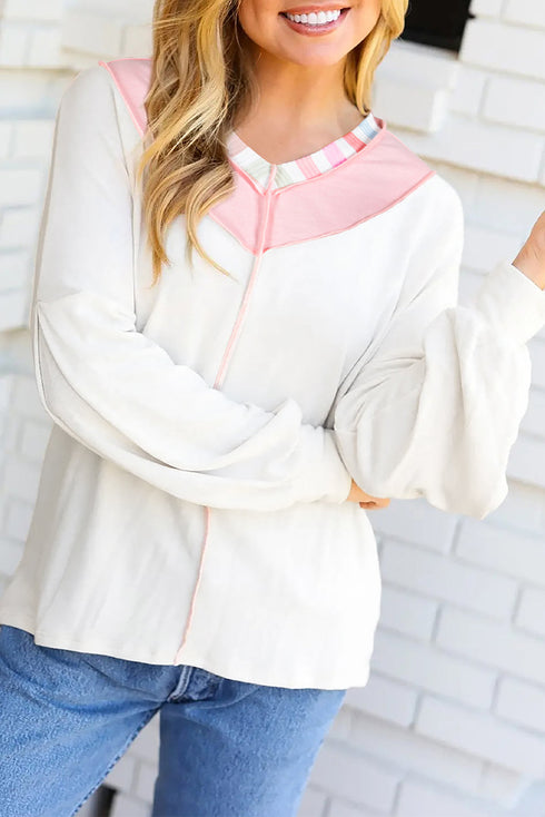 Exposed Seam Striped Panel Relaxed Fit V Neck Top