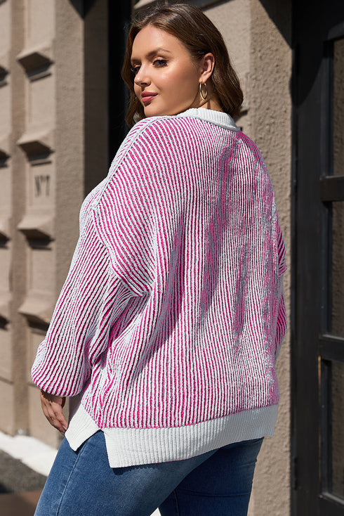 Exposed Seam Striped Ribbed Knit Crew Neck Sweater