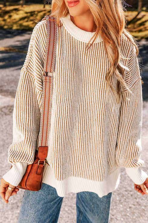 Exposed Seam Striped Ribbed Knit Crew Neck Sweater