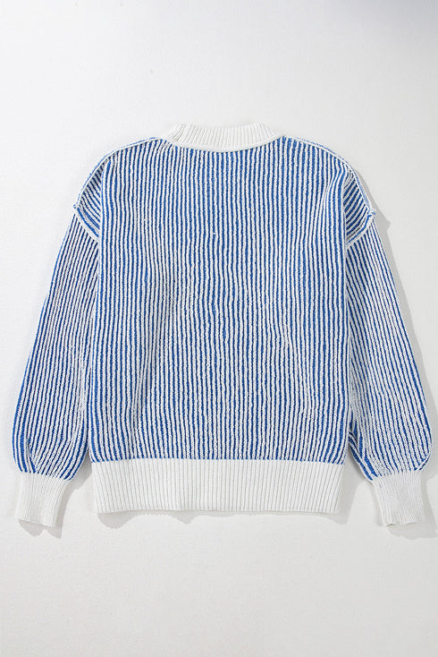Exposed Seam Striped Ribbed Knit Crew Neck Sweater