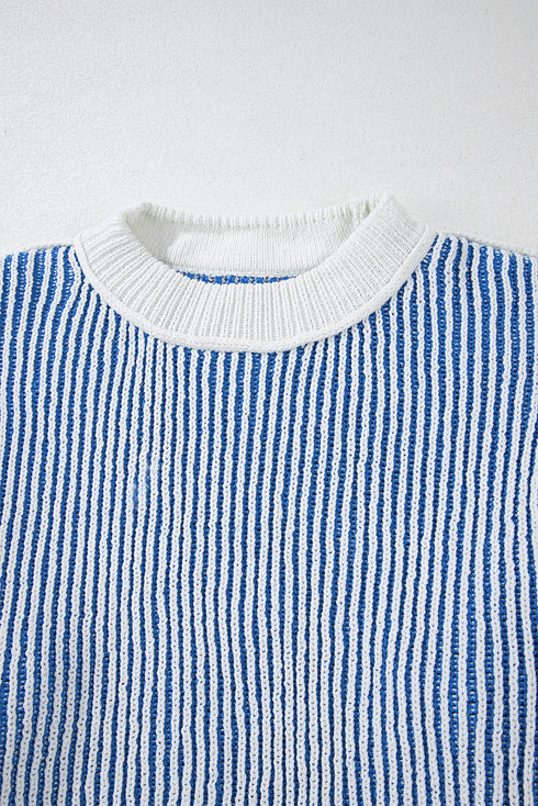 Exposed Seam Striped Ribbed Knit Crew Neck Sweater