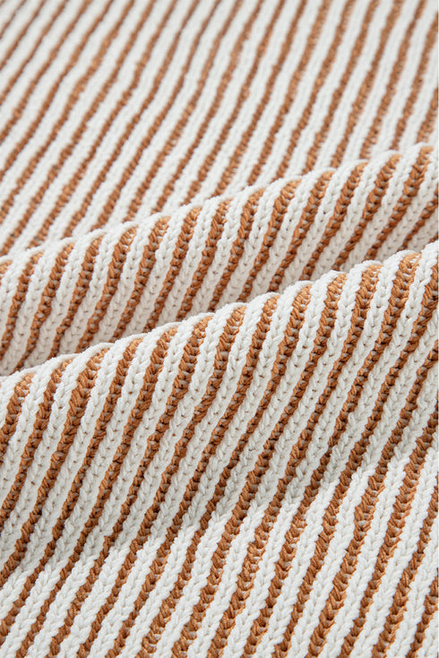 Exposed Seam Striped Ribbed Knit Crew Neck Sweater