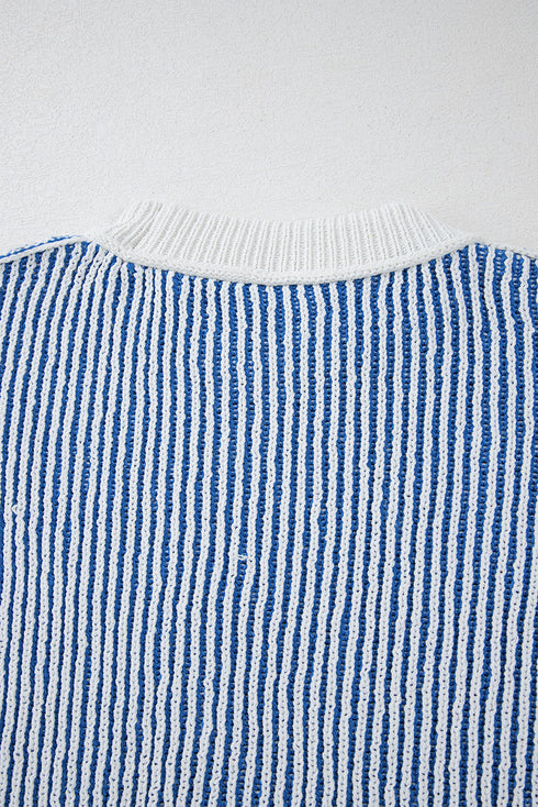 Exposed Seam Striped Ribbed Knit Crew Neck Sweater
