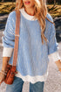 Exposed Seam Striped Ribbed Knit Crew Neck Sweater