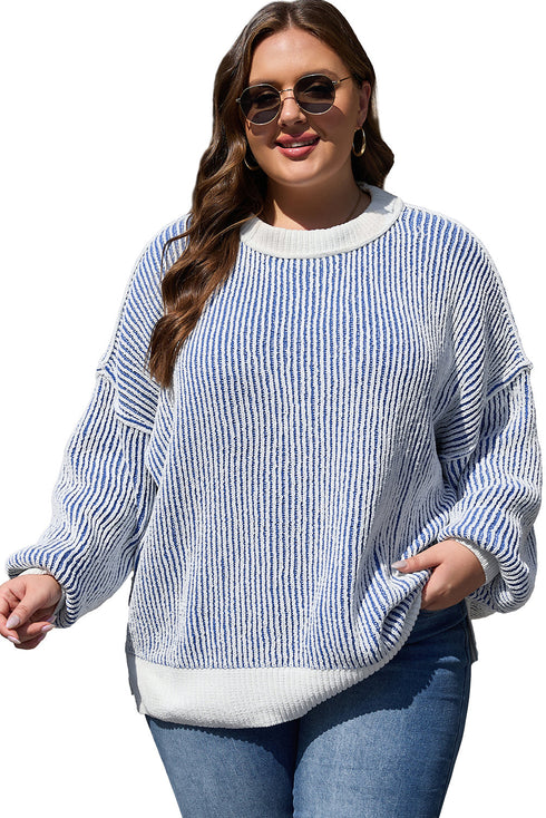 Exposed Seam Striped Ribbed Knit Crew Neck Sweater