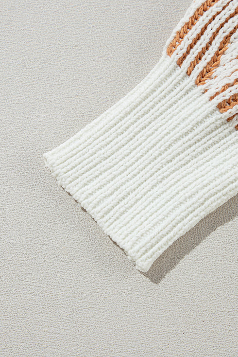 Exposed Seam Striped Ribbed Knit Crew Neck Sweater