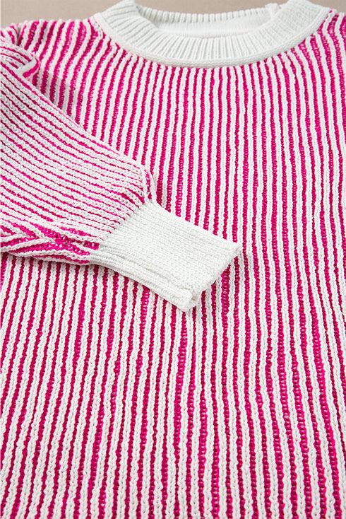 Exposed Seam Striped Ribbed Knit Crew Neck Sweater