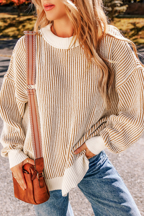 Exposed Seam Striped Ribbed Knit Crew Neck Sweater