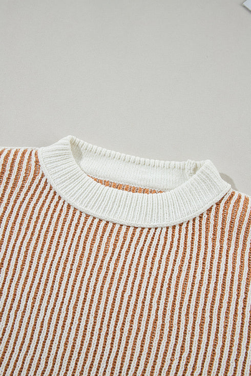Exposed Seam Striped Ribbed Knit Crew Neck Sweater