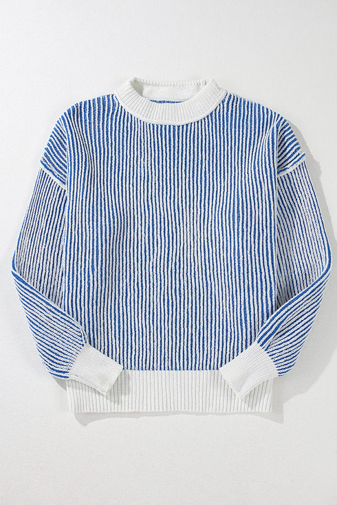 Exposed Seam Striped Ribbed Knit Crew Neck Sweater