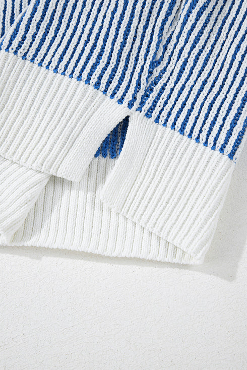 Exposed Seam Striped Ribbed Knit Crew Neck Sweater
