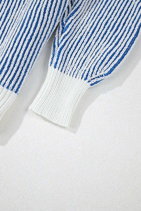 Exposed Seam Striped Ribbed Knit Crew Neck Sweater