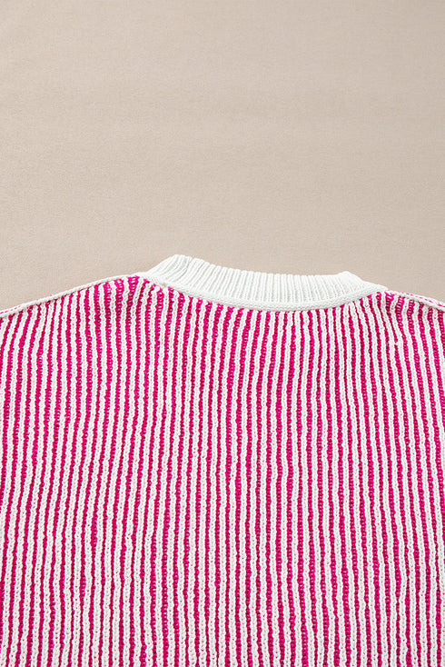 Exposed Seam Striped Ribbed Knit Crew Neck Sweater