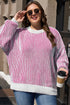 Exposed Seam Striped Ribbed Knit Crew Neck Sweater