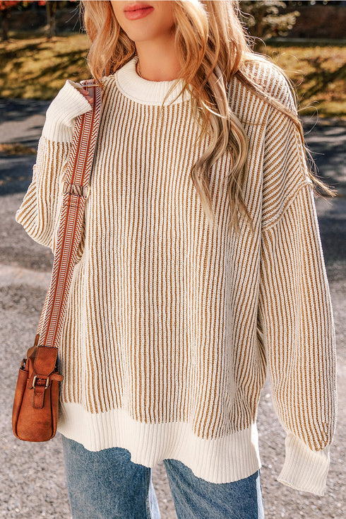 Exposed Seam Striped Ribbed Knit Crew Neck Sweater