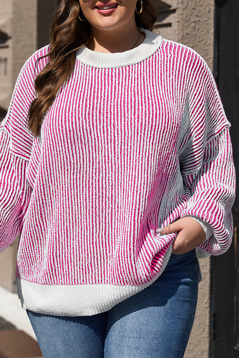 Exposed Seam Striped Ribbed Knit Crew Neck Sweater