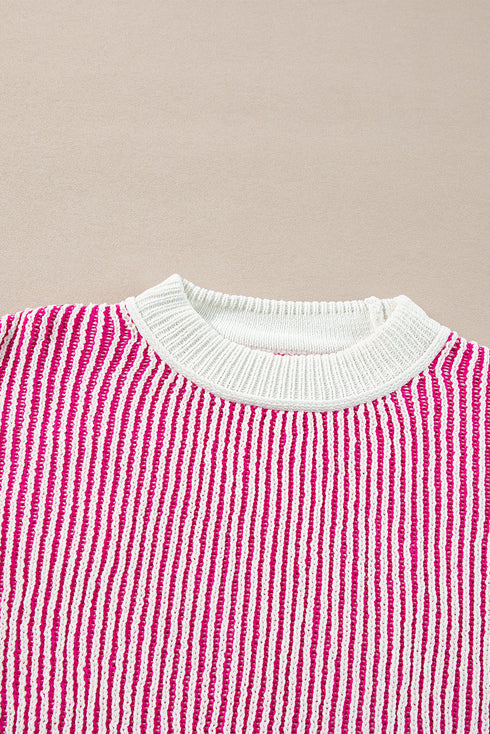 Exposed Seam Striped Ribbed Knit Crew Neck Sweater