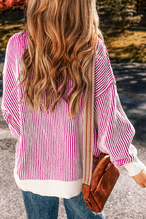 Exposed Seam Striped Ribbed Knit Crew Neck Sweater