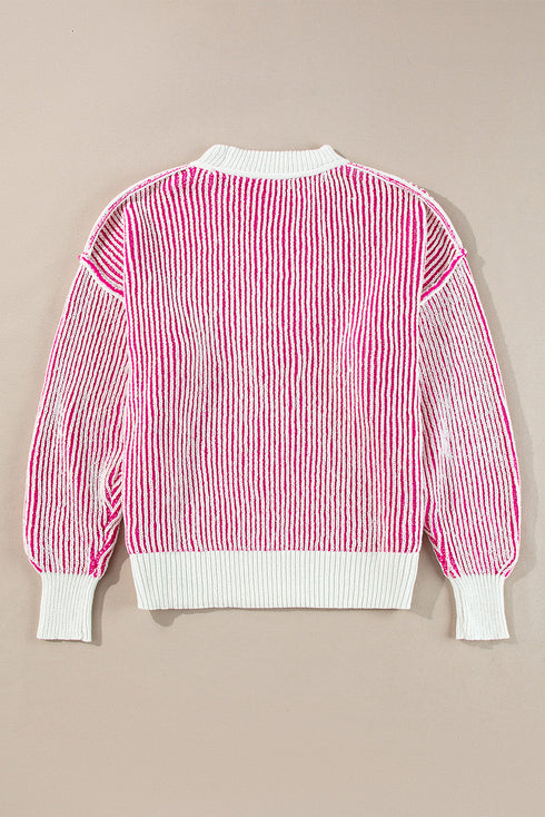 Exposed Seam Striped Ribbed Knit Crew Neck Sweater