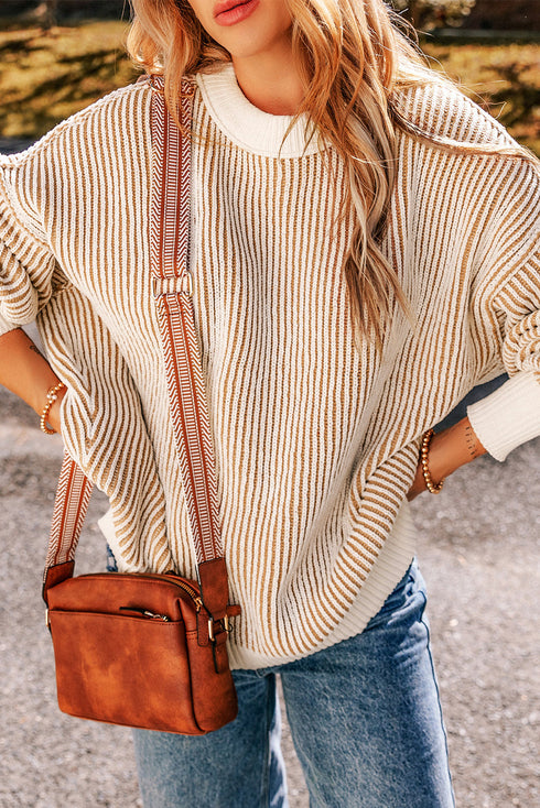 Exposed Seam Striped Ribbed Knit Crew Neck Sweater