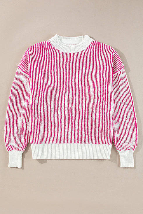 Exposed Seam Striped Ribbed Knit Crew Neck Sweater