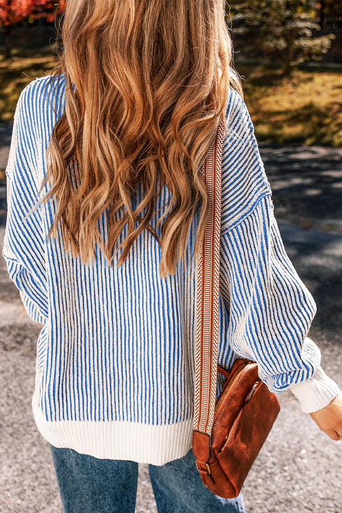 Exposed Seam Striped Ribbed Knit Crew Neck Sweater