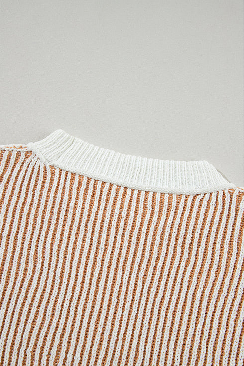 Exposed Seam Striped Ribbed Knit Crew Neck Sweater