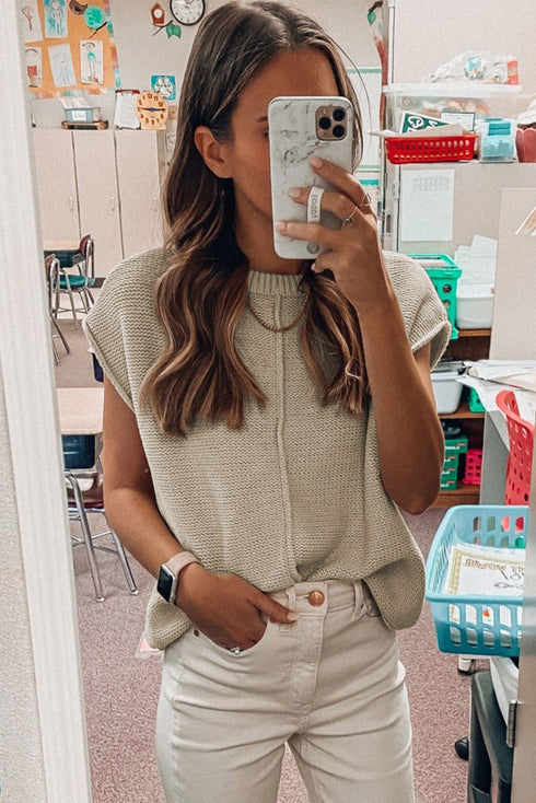 Exposed Seam Textured Knit Sleeveless Pullover Sweater