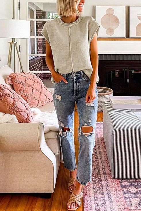 Exposed Seam Textured Knit Sleeveless Pullover Sweater