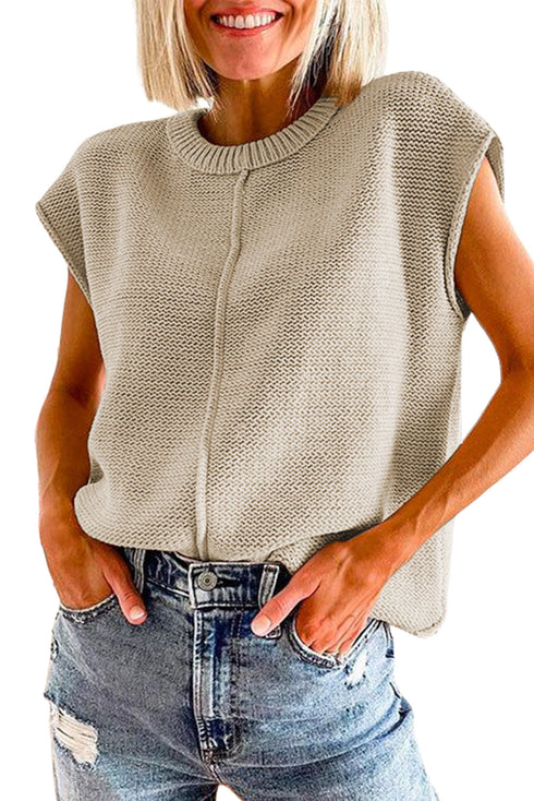 Exposed Seam Textured Knit Sleeveless Pullover Sweater