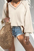 Exposed Seam Textured Knit V Neck Pullover Long Sleeve Top